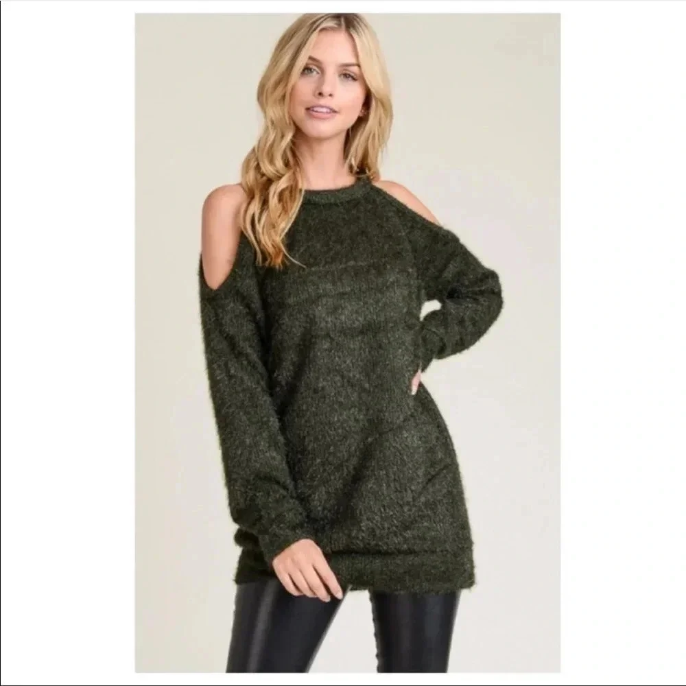 Olive Green Cold Shoulder Sweater | Cozy Fall Knit Pullover Top